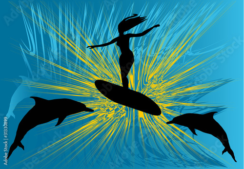 two dolphins and windsurfer illustration