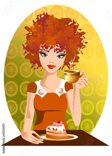 Z tortem. Ilustracja kobiety z kawą i tortem.