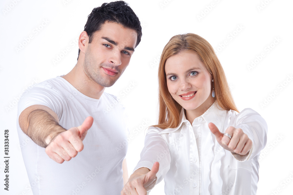 two colleagues with thumbs-up two colleagues with thumbs-up