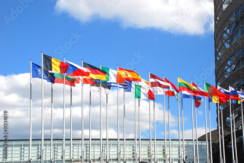 Europarliament. Flags of the countries of the European Union