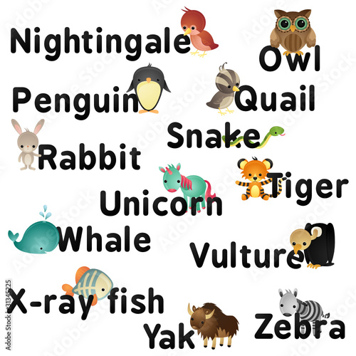A-Z english, animals, black letters, names part 2