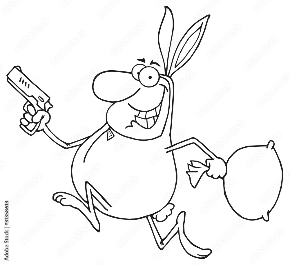 Outlined Happy Bandit Running With Easter Rabbit Costume Outlined Happy Bandit Running With Easter Rabbit Costume