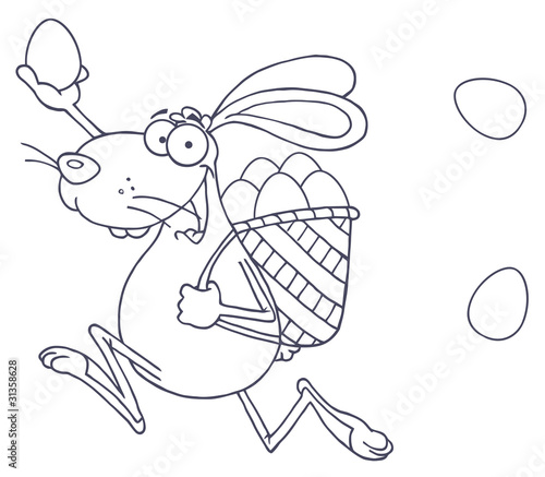 Outlined Happy Easter Rabbit Running With A Basket And Egg