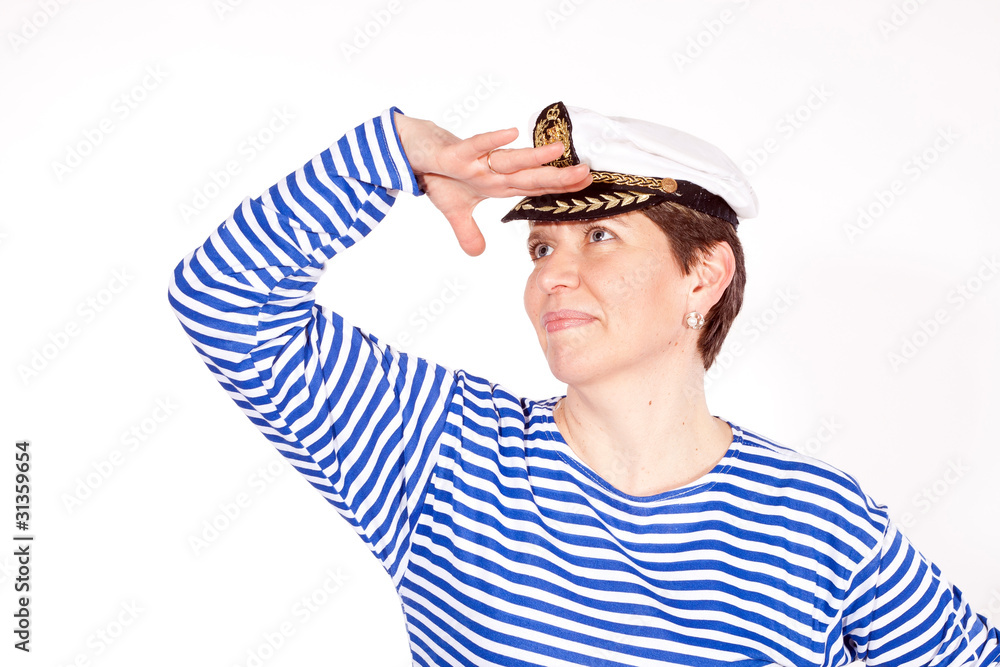 Middle aged female dressed as sailor in striped shirt Middle aged female dressed as sailor in striped shirt
