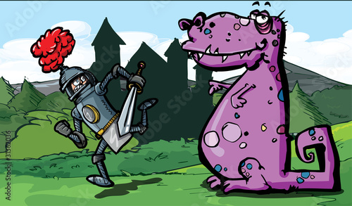 Cartoon of a knight running from a dragon
