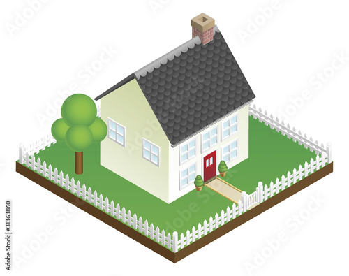Quaint house with picket fence isometric view