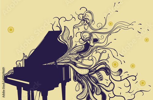 vector grand piano and hand drawn abstract plants