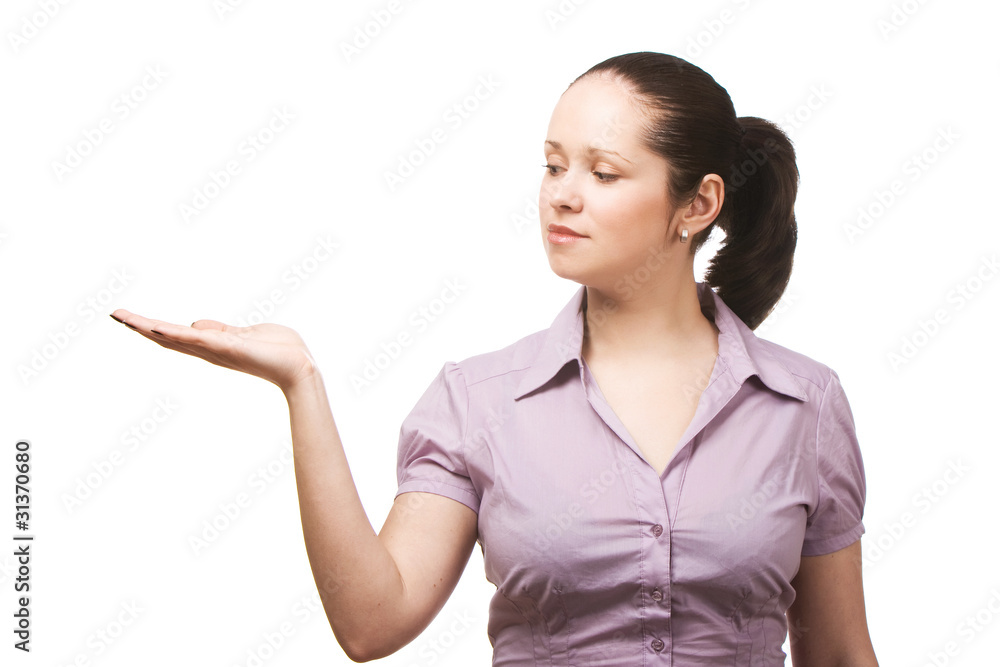 Young business woman holding empty hand Young business woman holding empty hand
