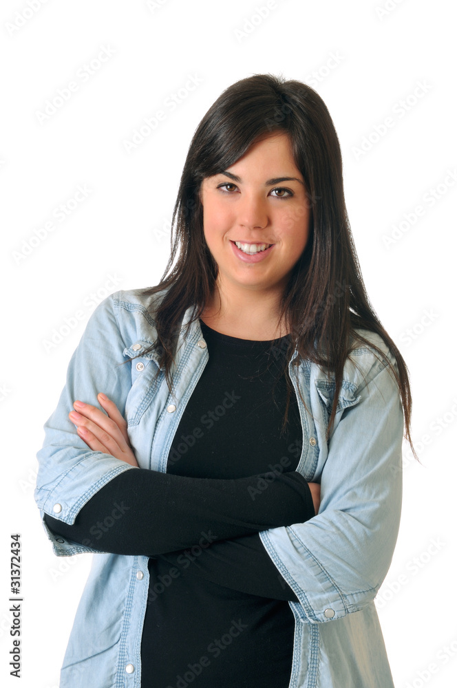 Young brown woman smiling on white background Young brown woman smiling on white background
