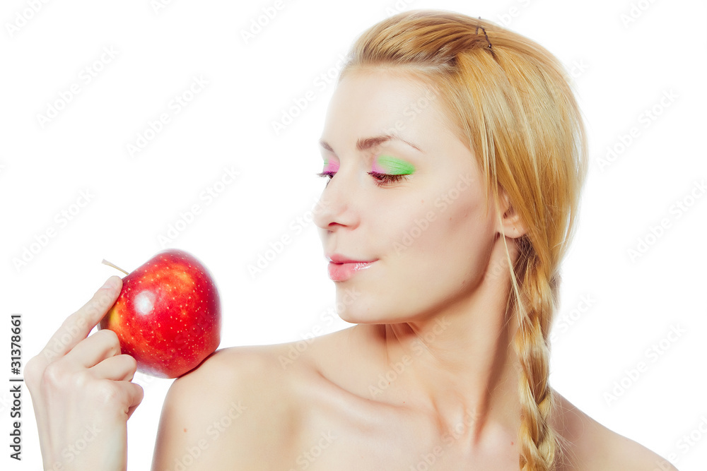 portrait of young woman with red apple isolated on white portrait of young woman with red apple isolated on white