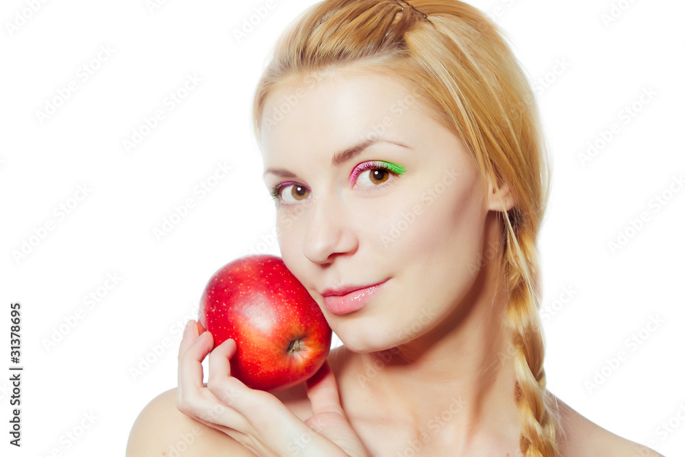 portrait of young woman with red apple isolated on white portrait of young woman with red apple isolated on white