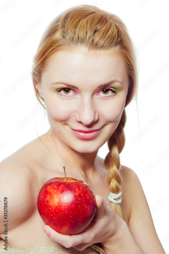portrait of young woman with red apple isolated on white portrait of young woman with red apple isolated on white