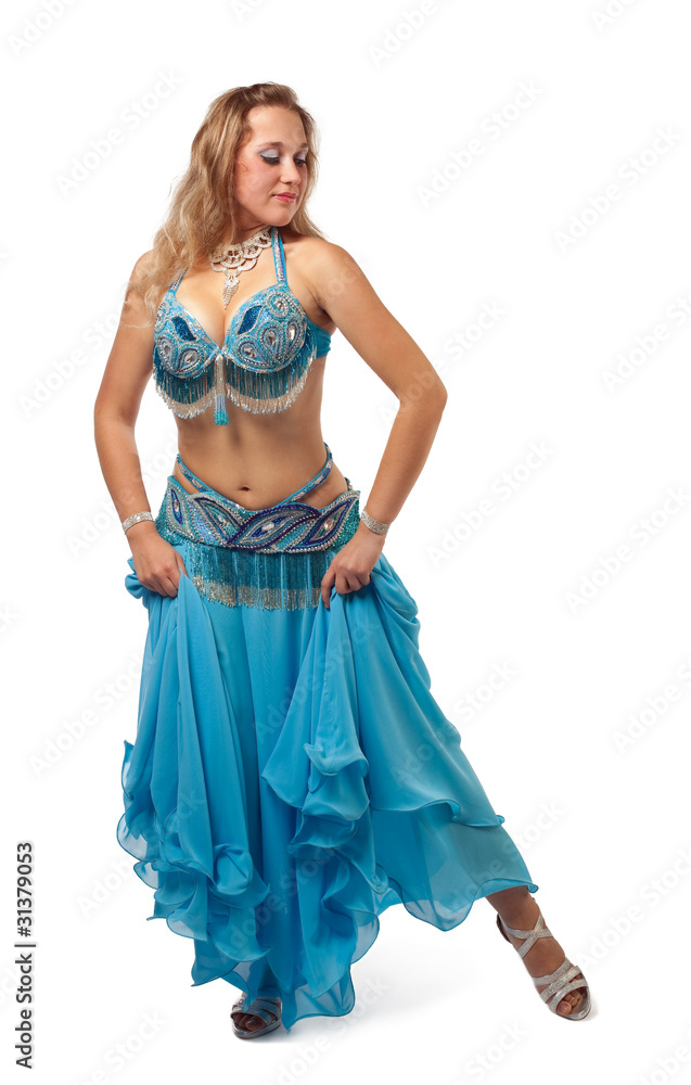 young girl dance in blue arabian oriental costume