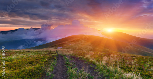 Colorful summer landscape in the mountains. Sunset