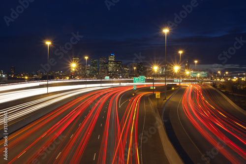 Denver Colorado downtown with traffic at night