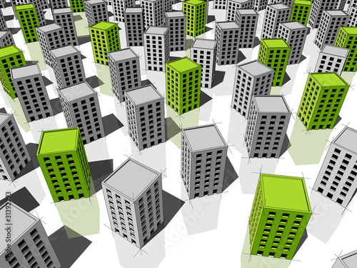 Green and grey buildings