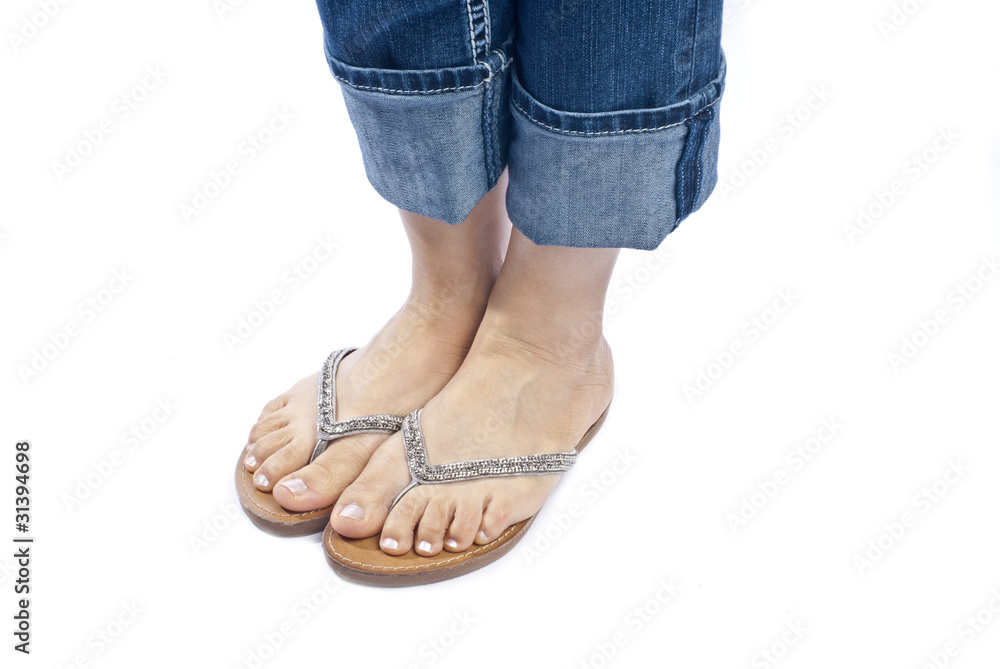 Woman Wearing Blue Jeans and Flip Flops