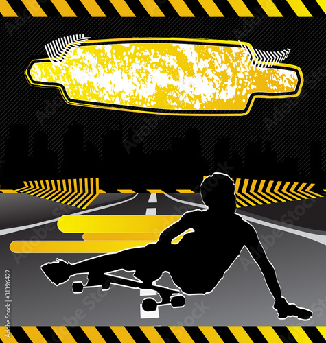 Urban city composition with longboard skateboarder silhouette
