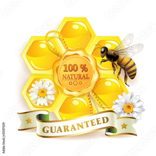 Bee with honeycombs and quality seal isolated on white