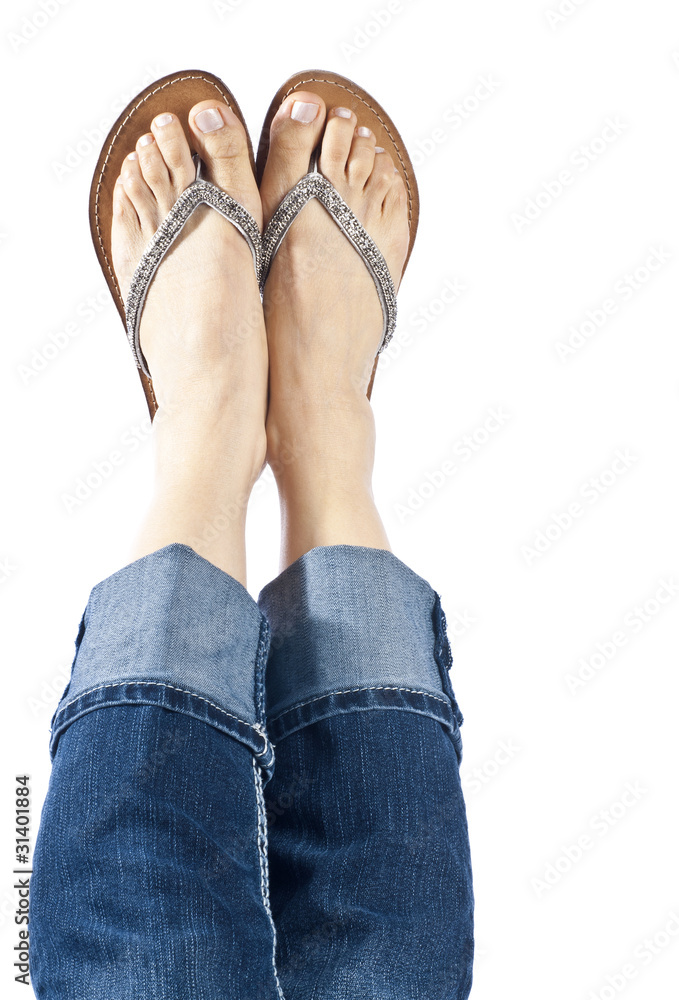 Woman Wearing Blue Jeans and Flip Flops Stock Photo | Adobe Stock