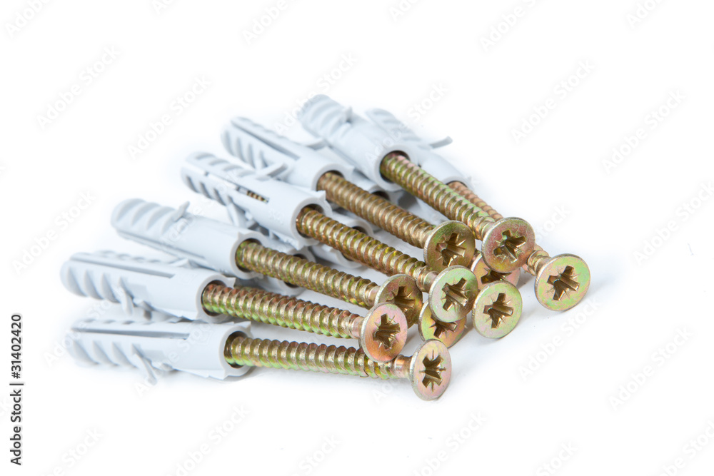 Fototapeta premium Brass screw with grey plastic anchor isolated