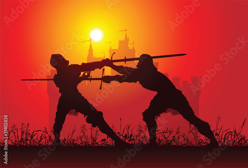 Two knights with the castle on the background