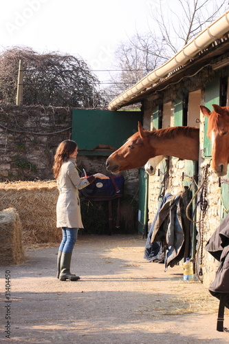 pretty young woman giving food to horses