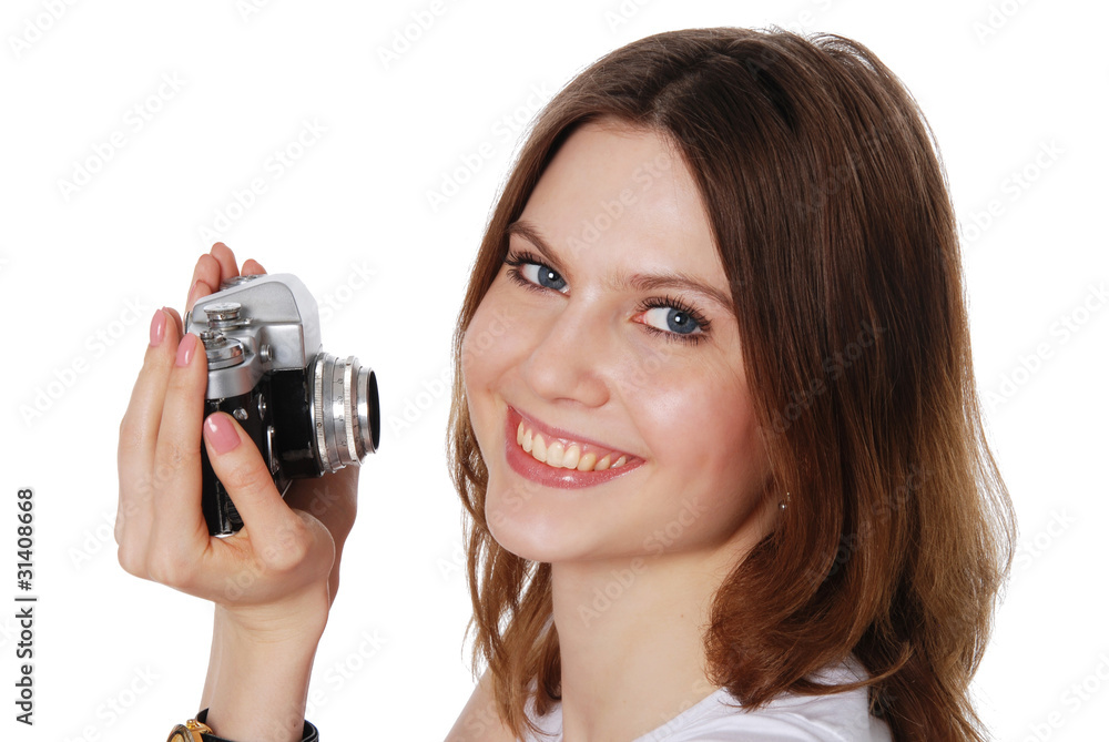 Fototapeta premium Pretty woman taking photo with vintage camera