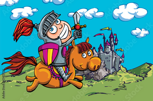 Cute cartoon knight on a horse