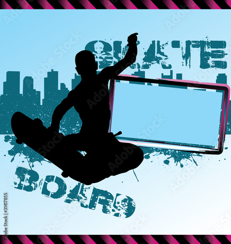 Urban vector with city skyline adn skateboarder silhouette
