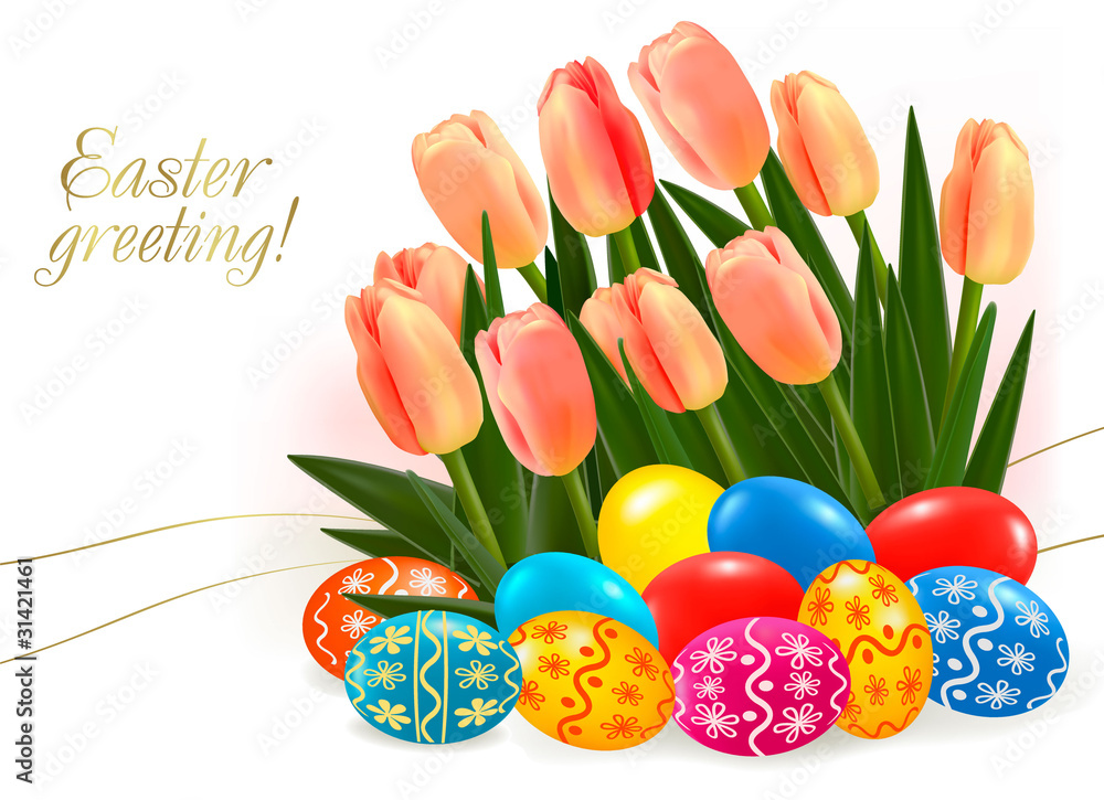 Background with Easter eggs with pink tulip flowers. Background with Easter eggs with pink tulip flowers.