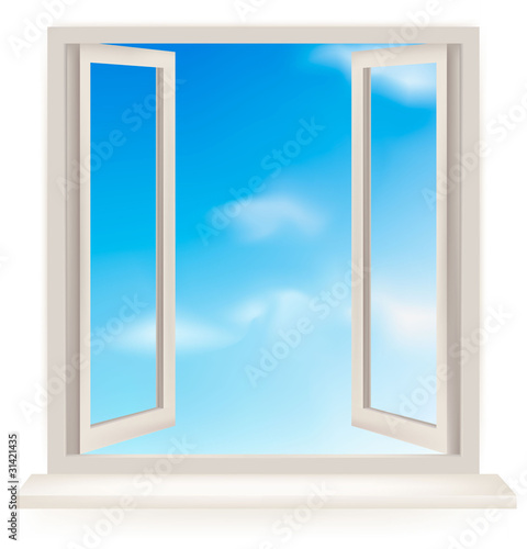 Open window against a white wall and the cloudy sky