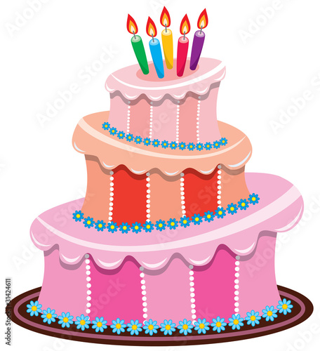 vector big birthday cake with burning candles