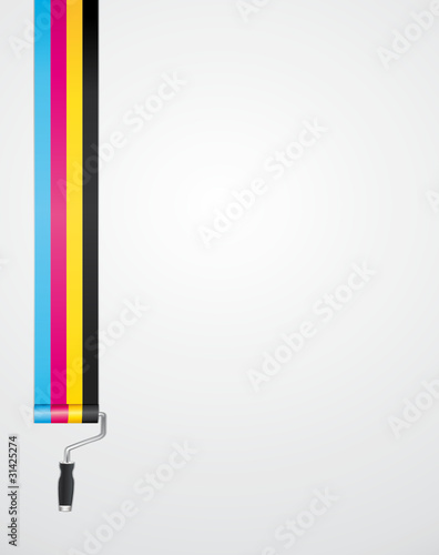 CMYK CMJN vertical background with paint roller.