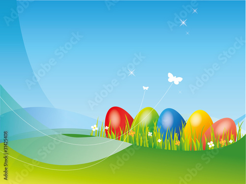 Hintergrund Ostern fünf Eier Osterei Schmetterlinge gras wiese 3