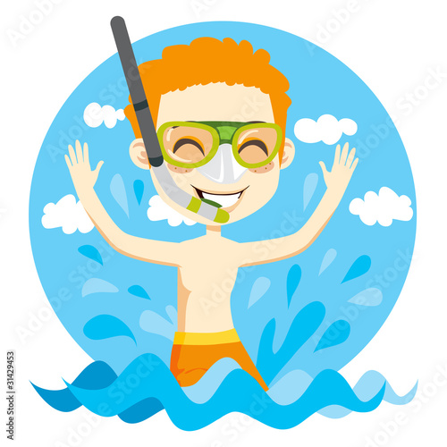 Young kid with snorkel and diving mask playing on water