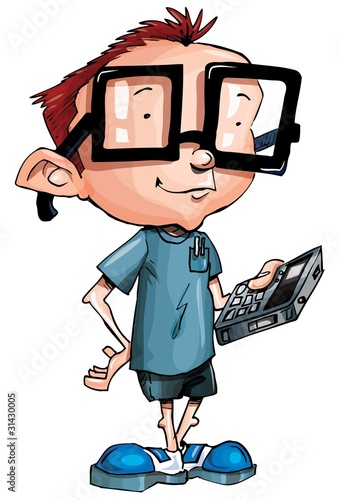 Cartoon nerd with glasses and a smartphone