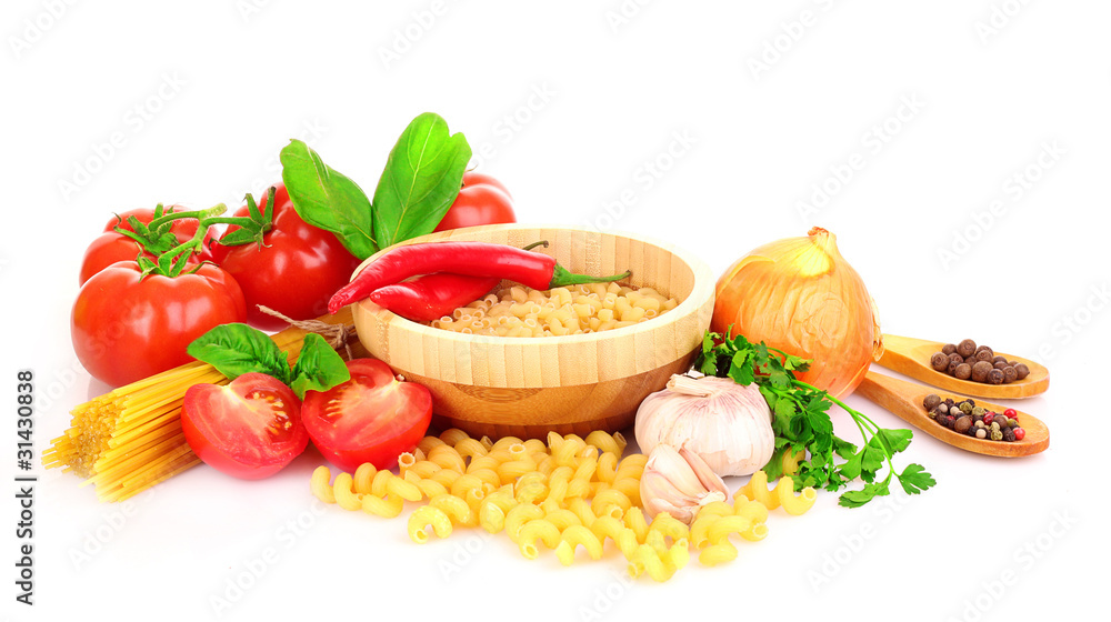 Pasta spaghetti with tomatoes, olive oil and basil on a white ba Pasta spaghetti with tomatoes, olive oil and basil on a white ba