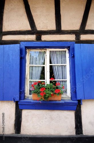 finestra con persiane blu di una casa di campagna