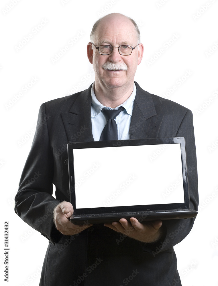 Mature businessman showing laptop Mature businessman showing laptop
