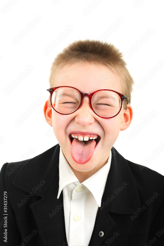 boy grimacing and make funny face isolated on white