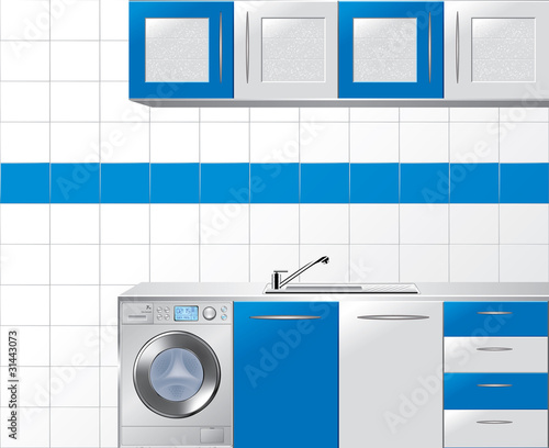Modular Kitchen in Blue and Silver - Vector Illustration