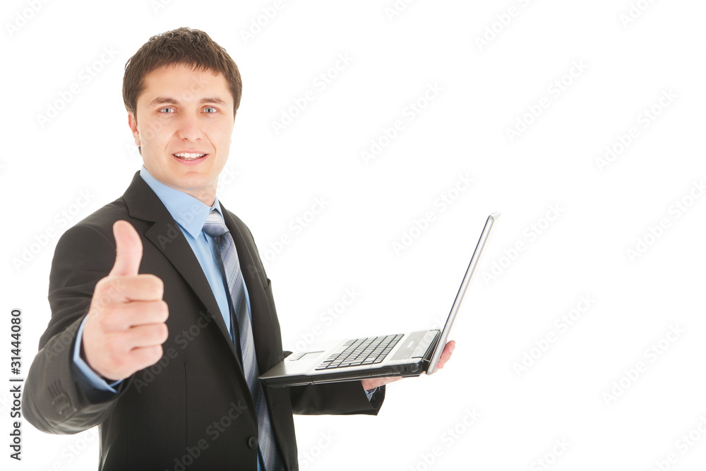 Young businessman with laptop in hand show thumb Young businessman with laptop in hand show thumb