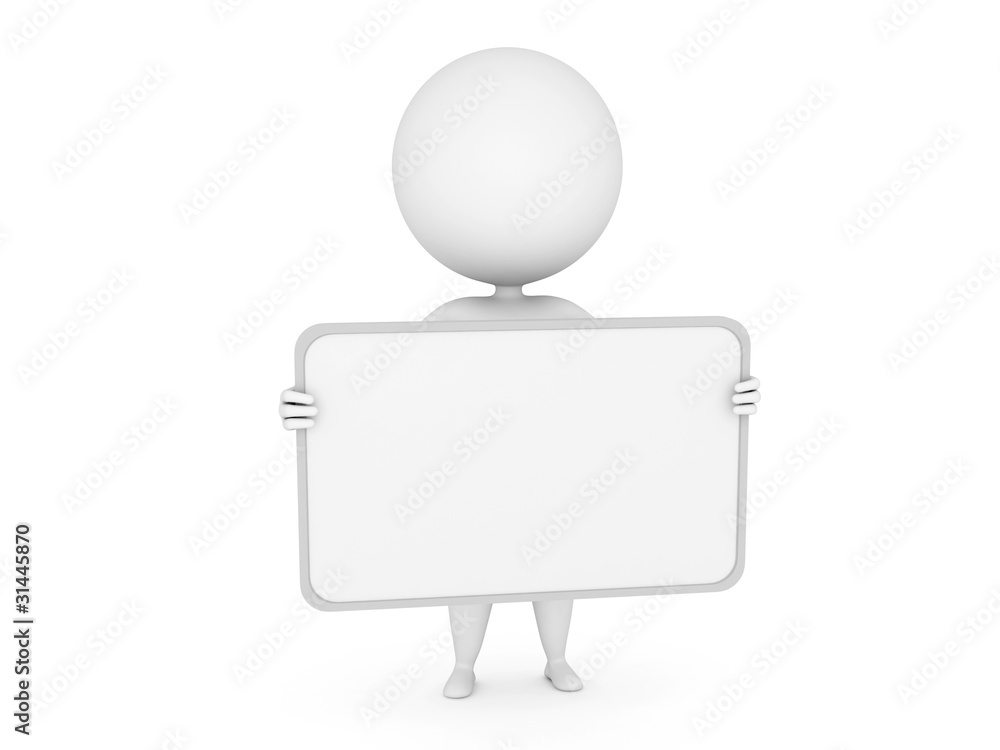 a 3d rendered illustration of a small guy with a blank sign