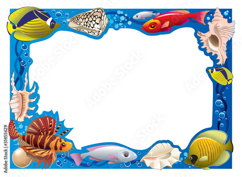 Decorative frame with tropical fishes and seashells, vector