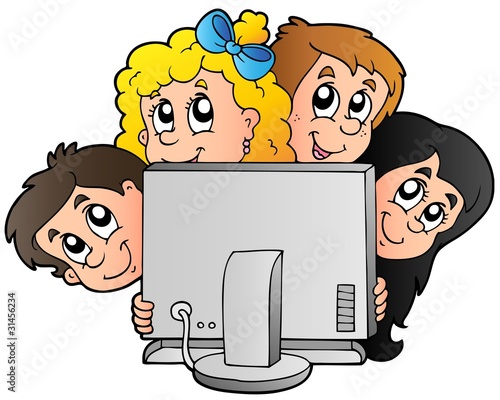 Cartoon kids with computer