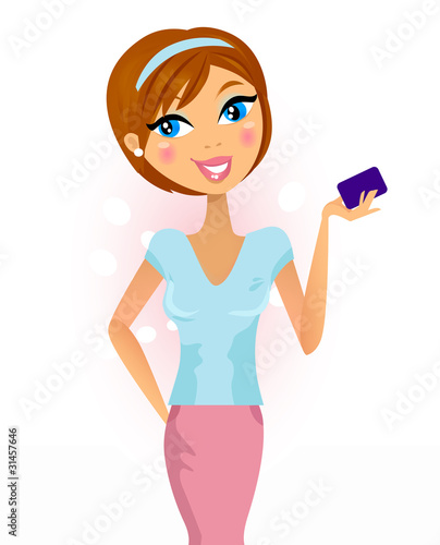Happy woman with credit / customer card - isolated on white.