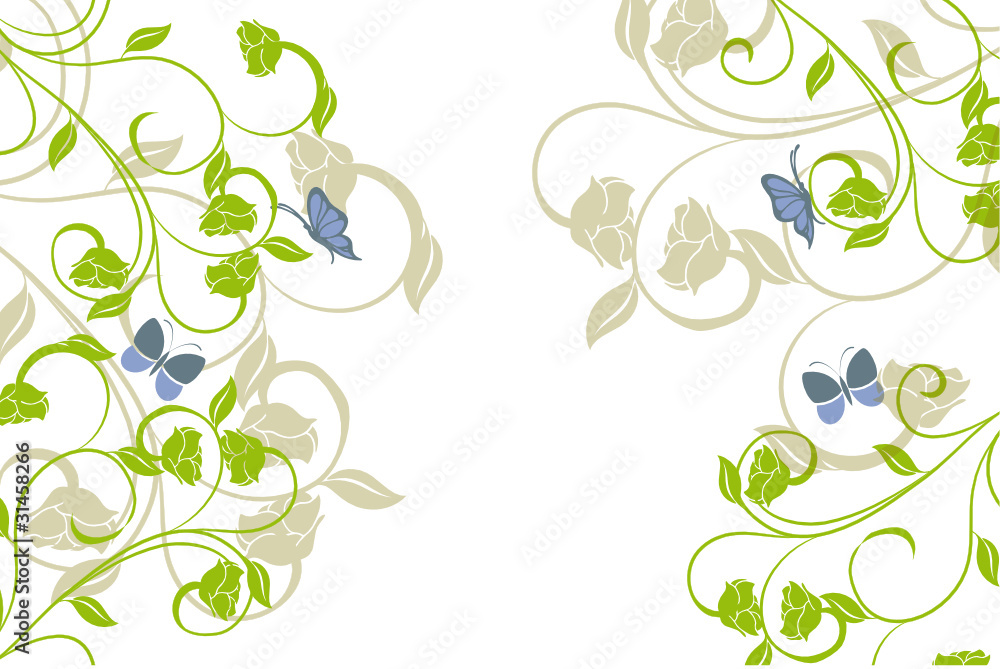 floral verte et papillons bleus