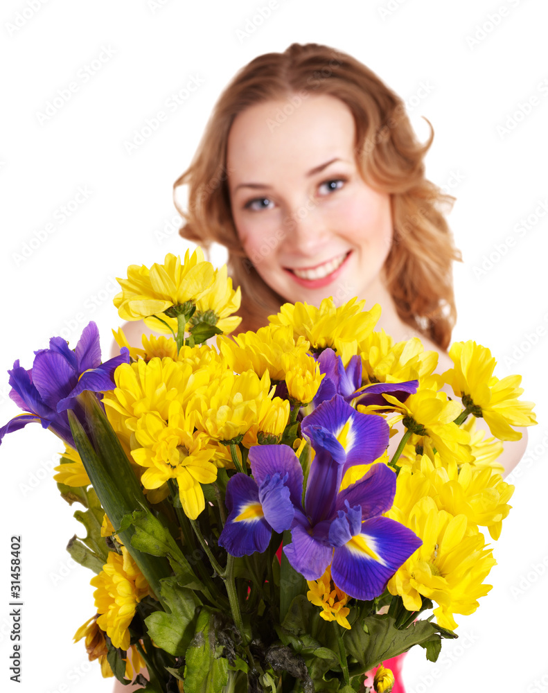 Young woman holding flowers. Young woman holding flowers.