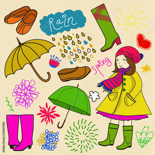 spring rainy elements and girl in color